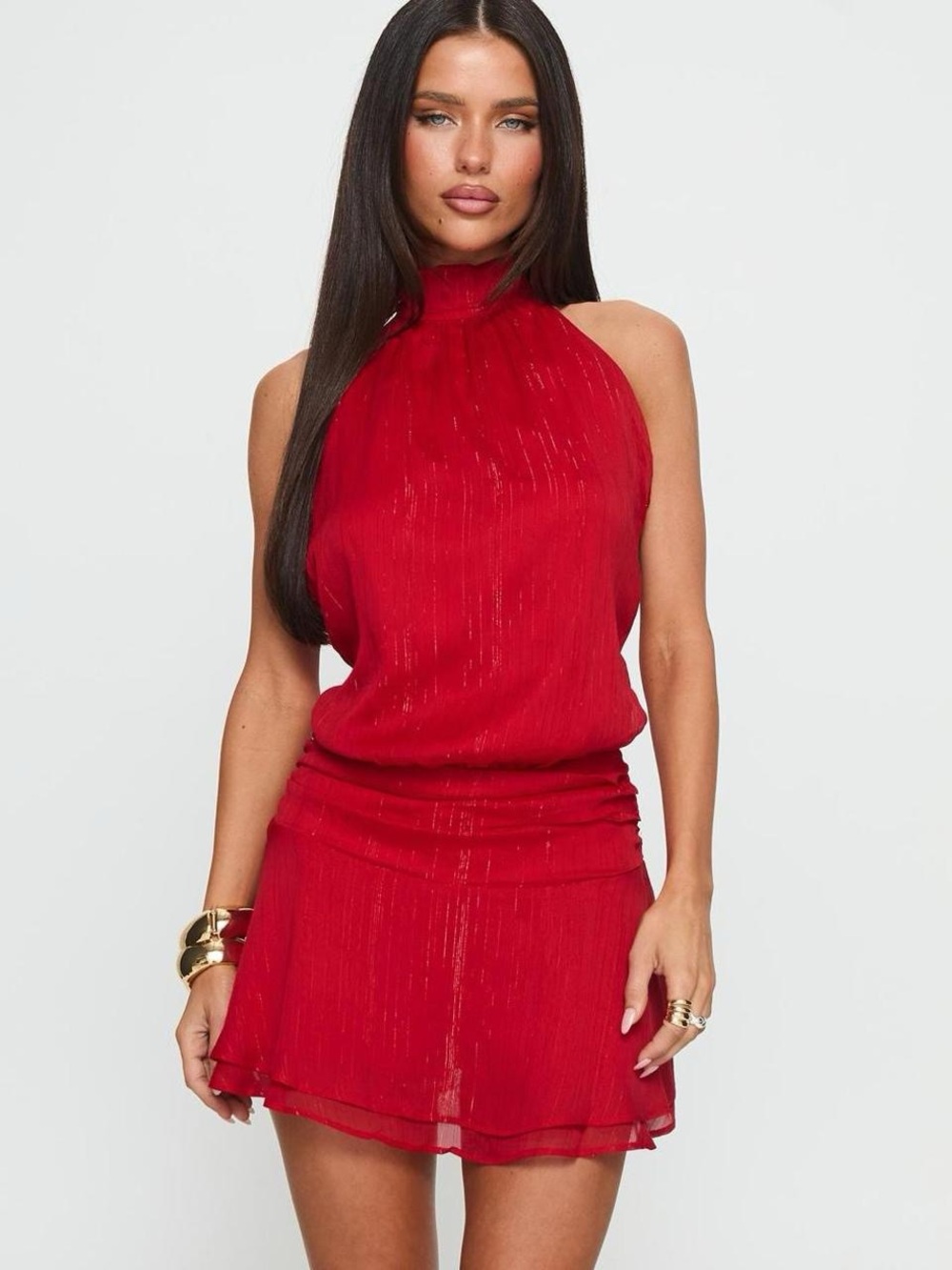 Princess Polly Red Halter Mini Dress with Textured Sheen